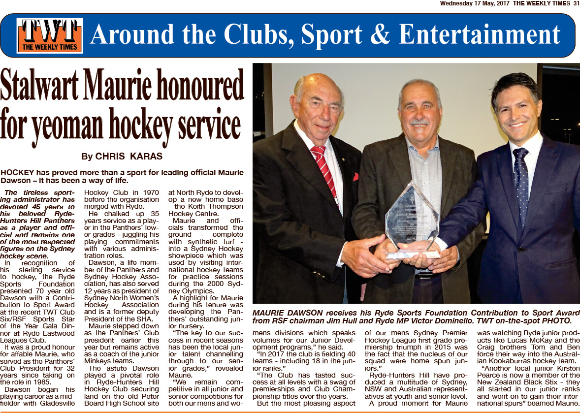 TWT article about Maurie Dawson receiving RSF Contribution to Sport Award