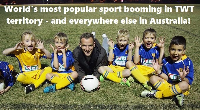 Photo of Alex Wilkinson and young soccer players courtesy TWT 6 Jun 2018