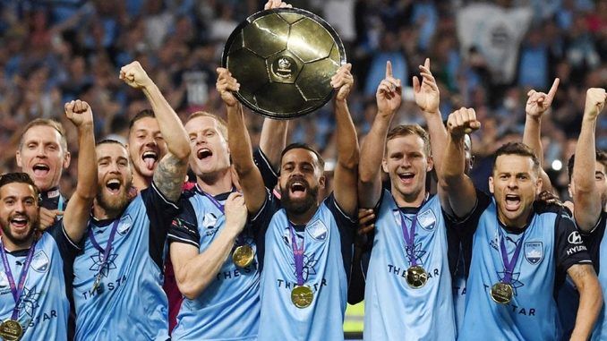 Photo of Sydney FC holding the A-League’s Premiership Plate on Fri 14 April 2018
