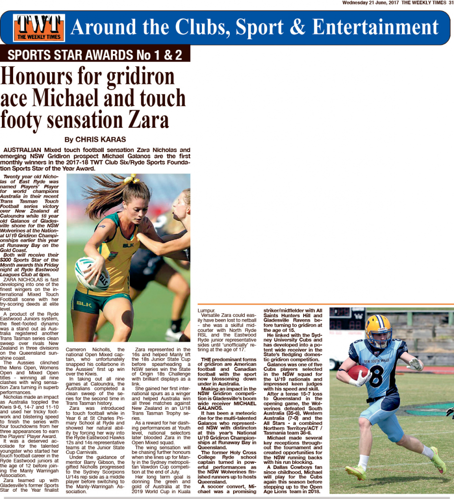 TWT article about 1st monthly winners of the 2017-18 TWT Club Six/Ryde Sports Foundation Sports Star of the Year Award