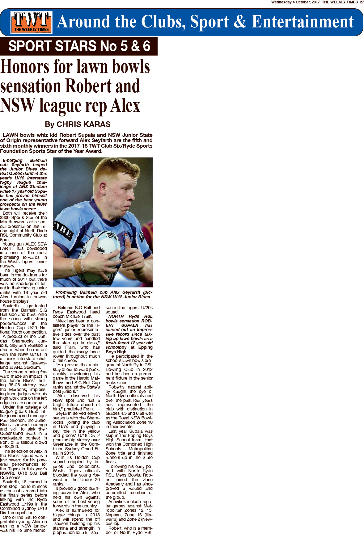 The Weekly Times 4 Oct 2017 re Alex Seyfarth