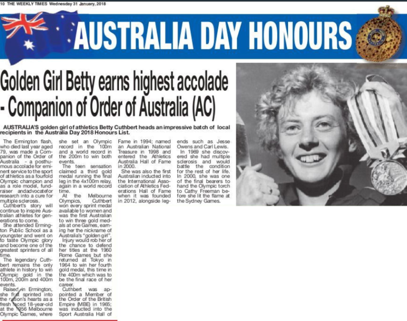 The Weekly Times article 31/1/18 re Betty Cutherbert