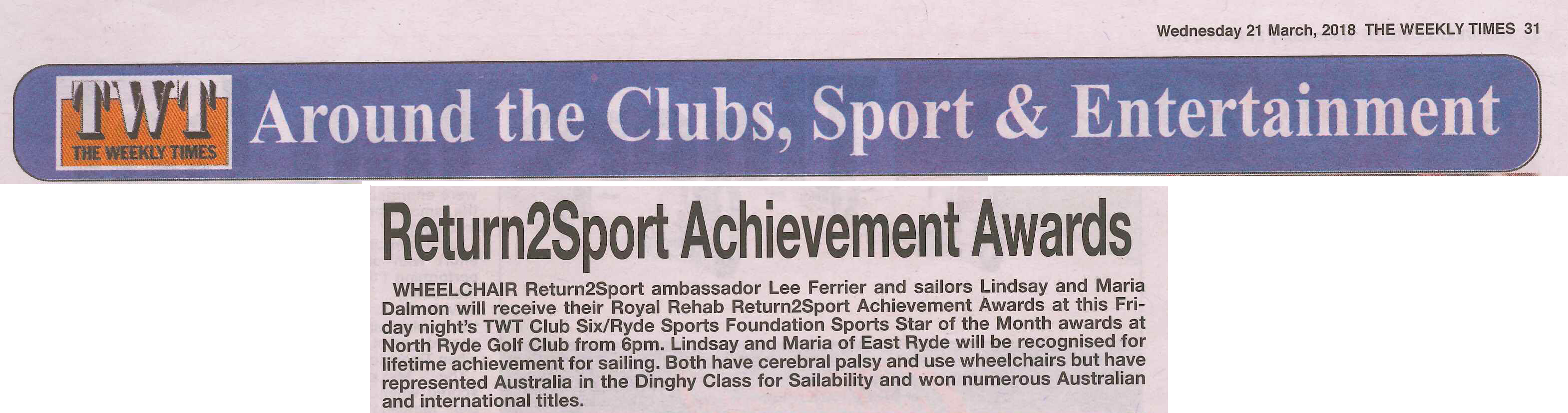 The Weekly Times article 21 Mar 2018 Royal Rehab Achievement Awards