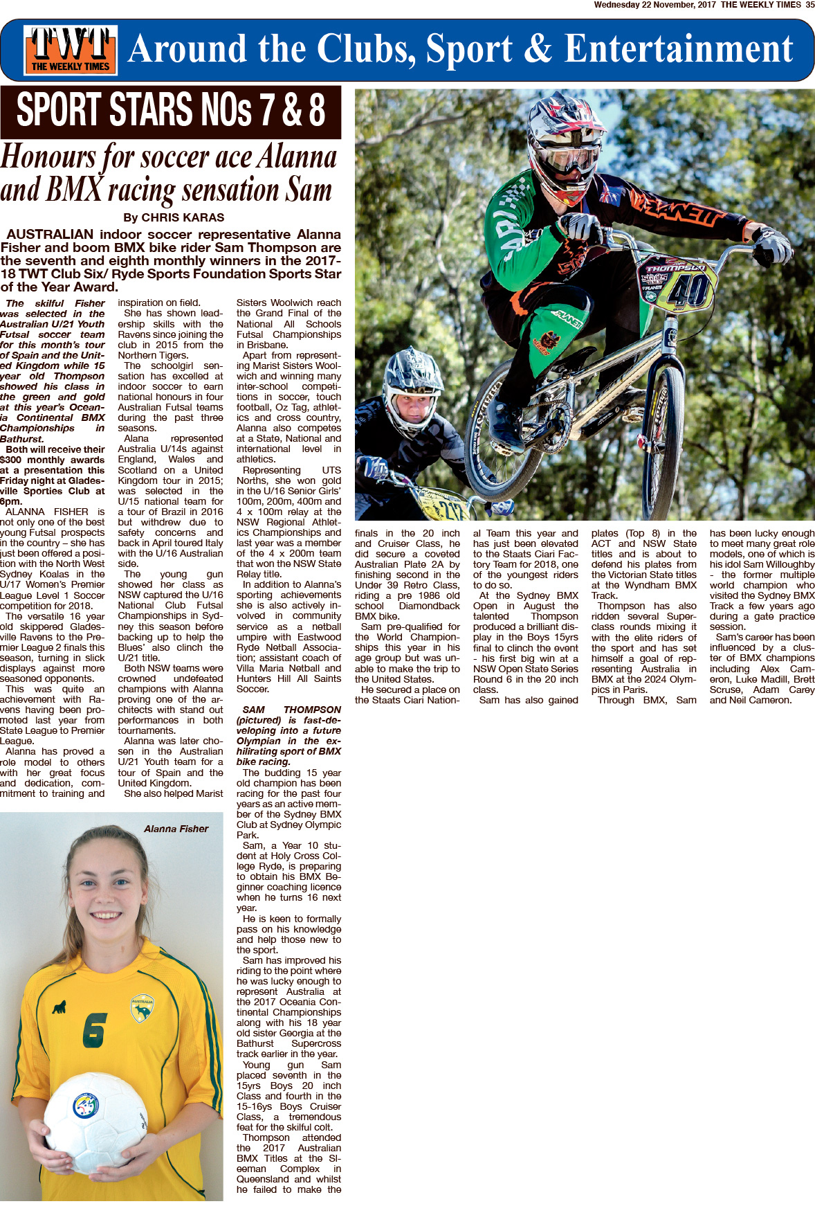 The Weekly Times 22 November 2017 article about Alanna Fisher 