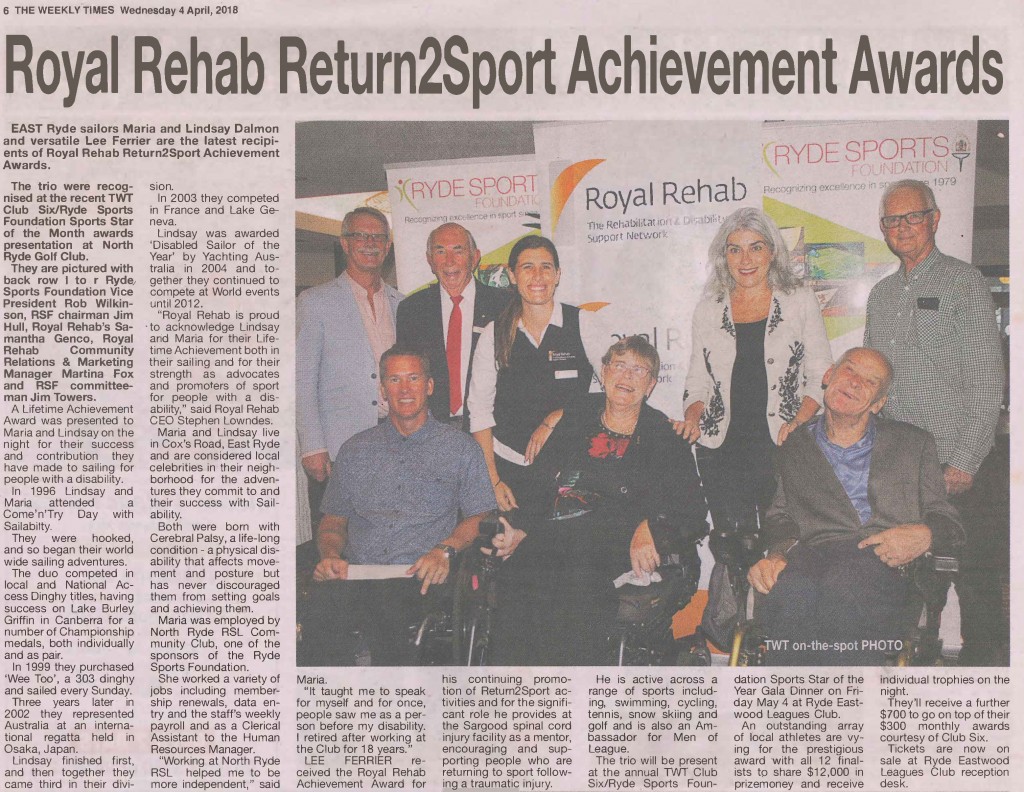Photo of The Weekly Times article published Wednesday 4 April 2018 re Royal Rehab Return2Sport Achievement Awards