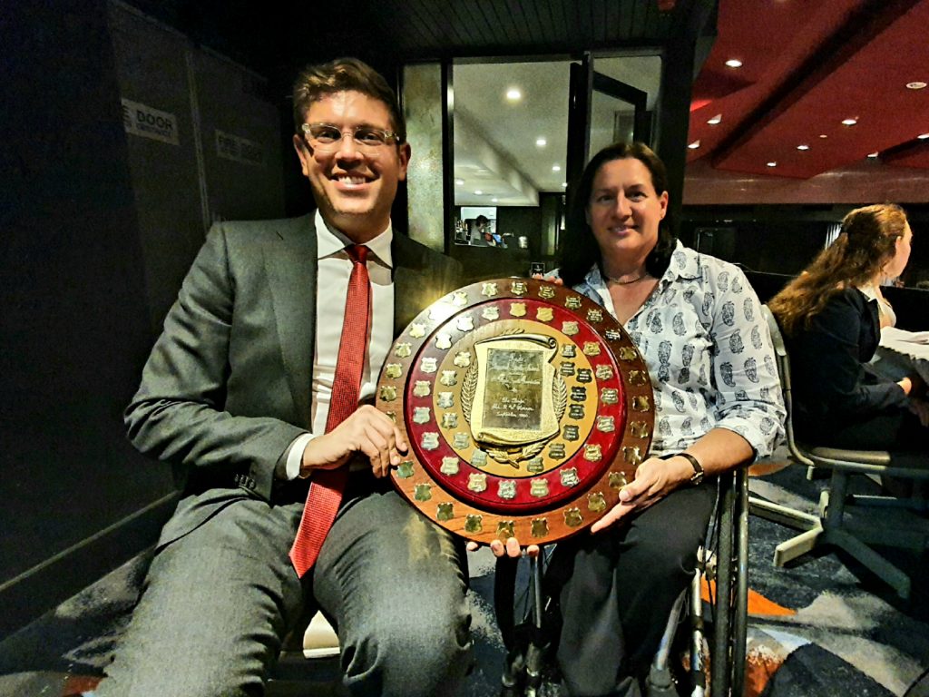 Photo of Patron, City of Ryde Mayor, Jerome Laxale, presenting Louise Sauvage OAM with the Ryde Sports Foundation Sports Star of the Year Award 2019-2021 as Nic Beveridge was an apology to accept this award. 