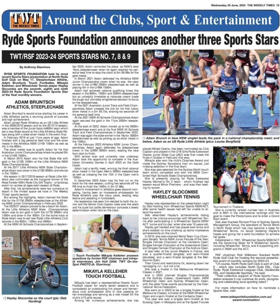 "The Weekly Times" article about the Ryde Sports Foundation Sports Stars 7, 8 & 9 for 2023-2024